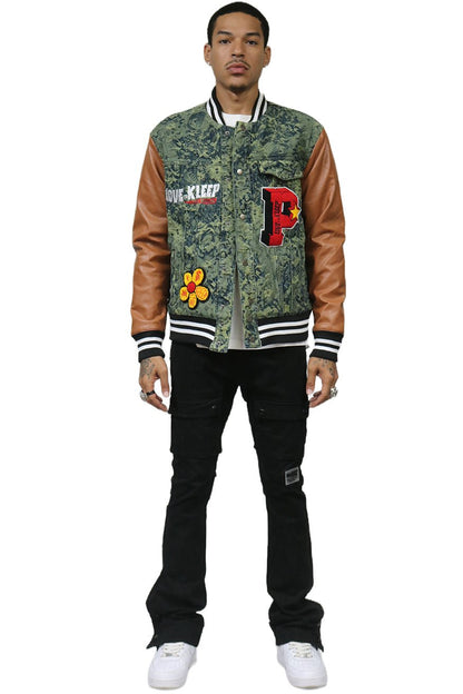ROBIN Men's Jacquard Body with faux Leather Sleeve Varsity Jacket