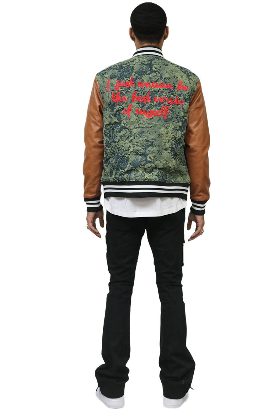 ROBIN Men's Jacquard Body with faux Leather Sleeve Varsity Jacket