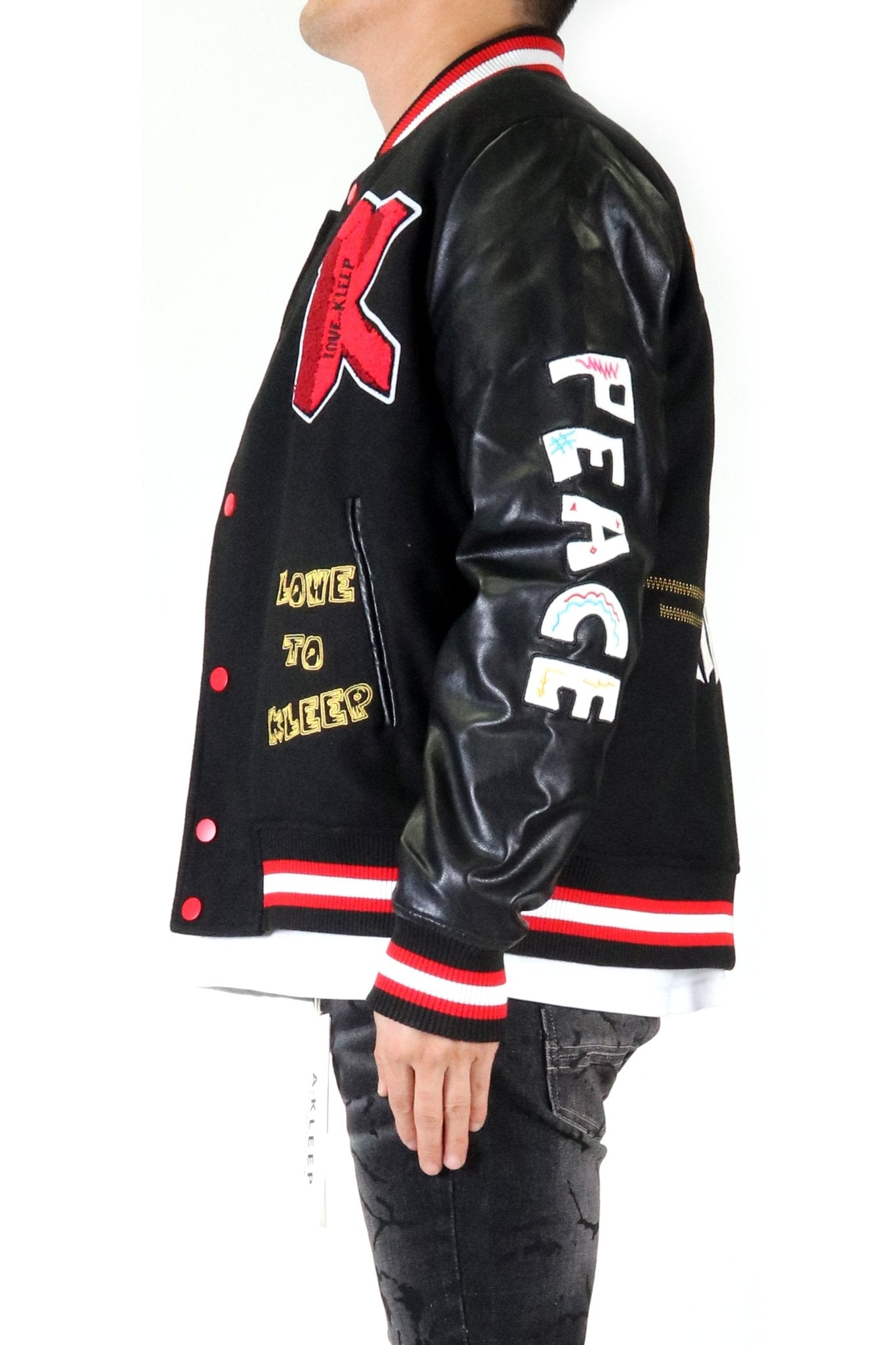 HALSTON Men's Melton Body with Faux Leather Sleeve Varsity Jacket