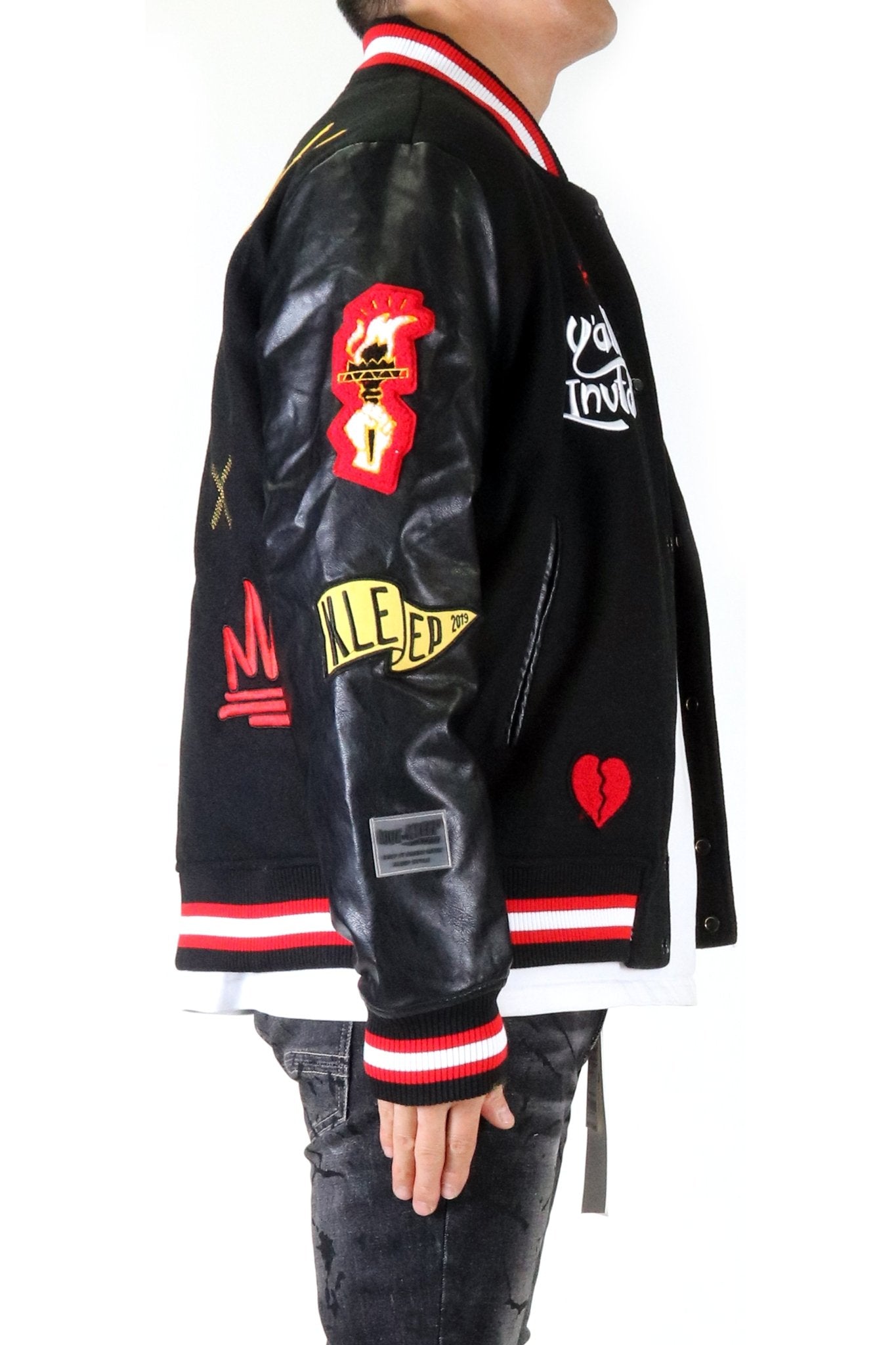 HALSTON Men's Melton Body with Faux Leather Sleeve Varsity Jacket