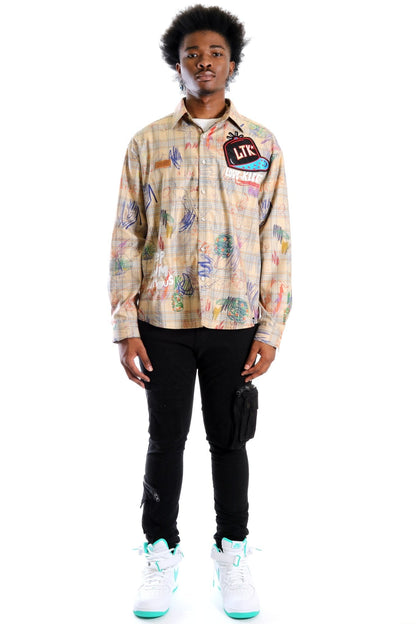 Maxis L.T.K. Men's premium Long Sleeve Plaid button down shirt with hand sketch drawing pop art