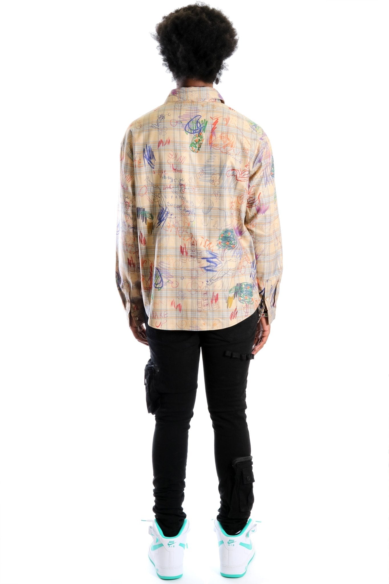 Maxis L.T.K. Men's premium Long Sleeve Plaid button down shirt with hand sketch drawing pop art