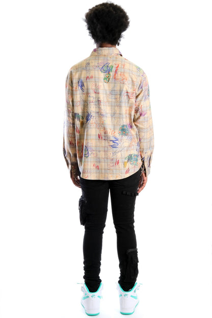 Maxis L.T.K. Men's premium Long Sleeve Plaid button down shirt with hand sketch drawing pop art