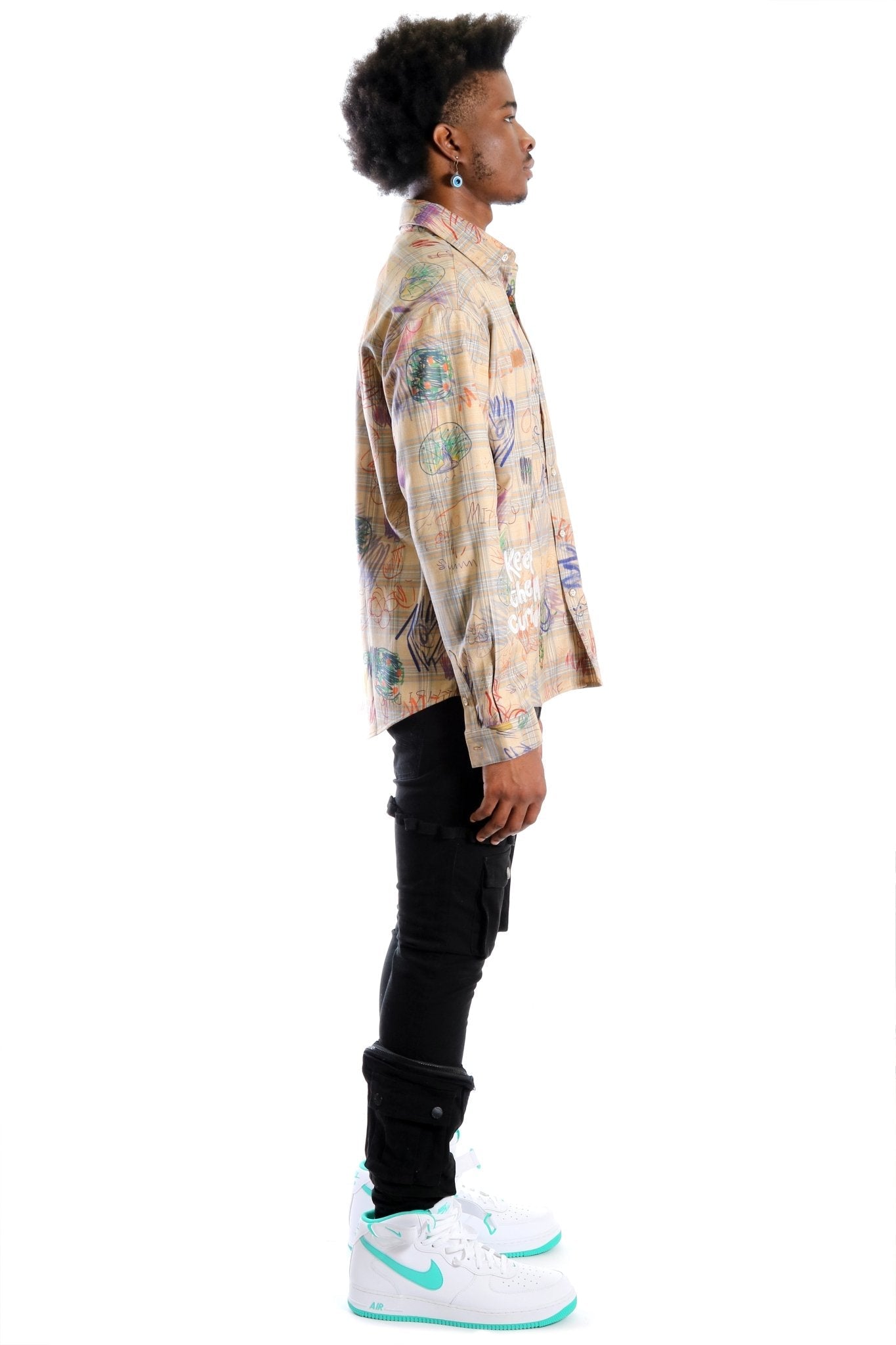 Maxis L.T.K. Men's premium Long Sleeve Plaid button down shirt with hand sketch drawing pop art