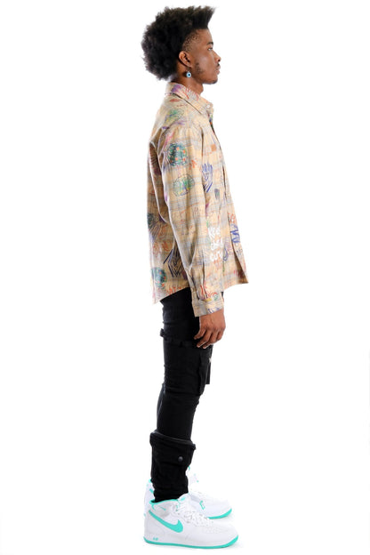 Maxis L.T.K. Men's premium Long Sleeve Plaid button down shirt with hand sketch drawing pop art