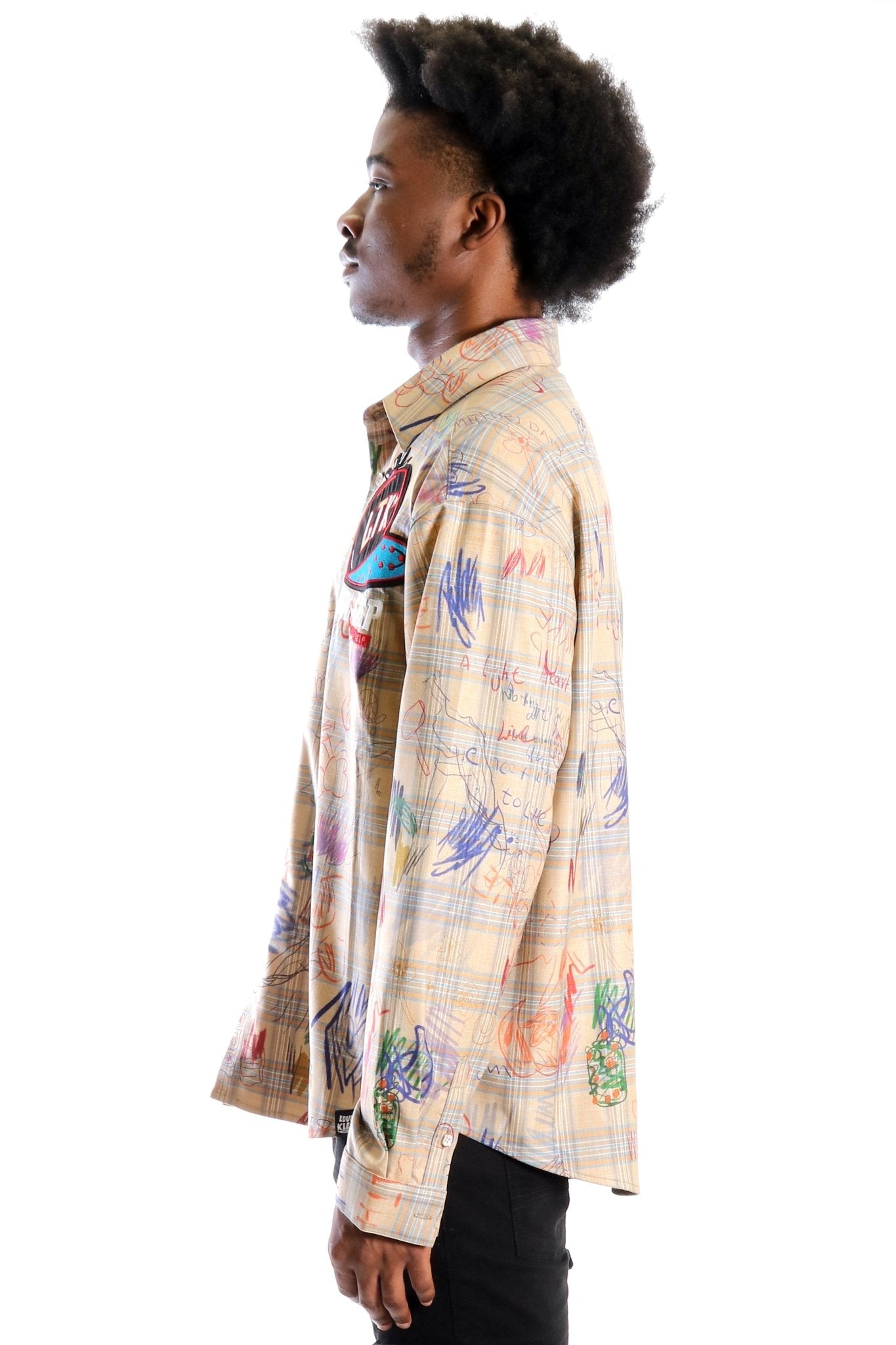 Maxis L.T.K. Men's premium Long Sleeve Plaid button down shirt with hand sketch drawing pop art