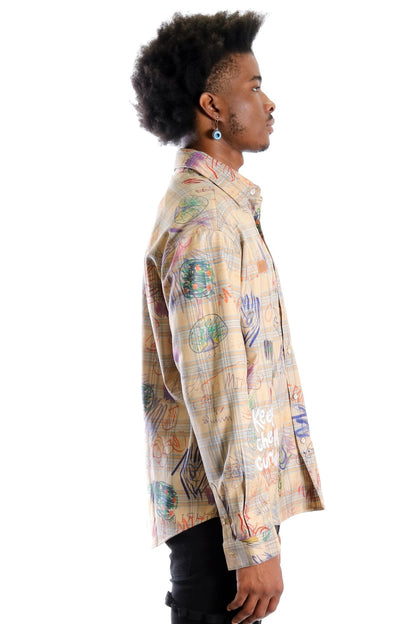 Maxis L.T.K. Men's premium Long Sleeve Plaid button down shirt with hand sketch drawing pop art