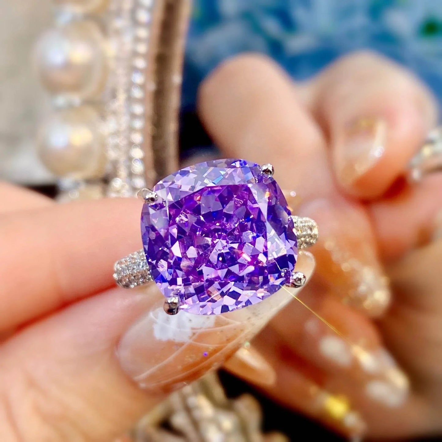 Multicolor Star Cut Bold Square CZ Adjustable Ring, Super Sparkling 14*14mm Main Cubic Zirconia, Pavé CZ Band, Dainty Luxe