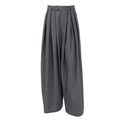 French Office Pleated Gray Work Pant Women Autumn Casual Loose All Matching Wide Leg Trousers