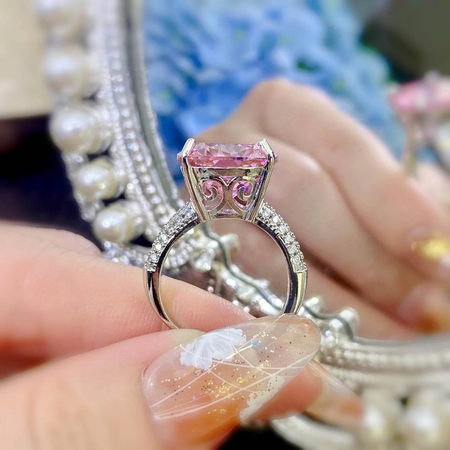 Multicolor Star Cut Bold Square CZ Adjustable Ring, Super Sparkling 14*14mm Main Cubic Zirconia, Pavé CZ Band, Dainty Luxe