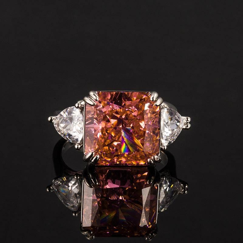 Multicolor Ice Flower Cut Square CZ Adjustable Ring, 12*12mm 8A Main Cubic Zirconia, Two Heart Side CZ, Dainty Luxe