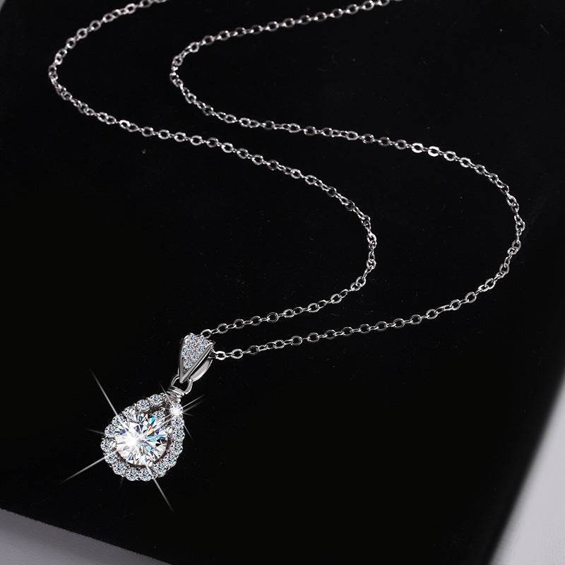 S925 Moissanite Teardrop Halo Pendant Necklace with Pavé Top Frame, 1-5ct VVS1 D-Grade Certified, Sterling Silver Pear Shape Pendant for Her