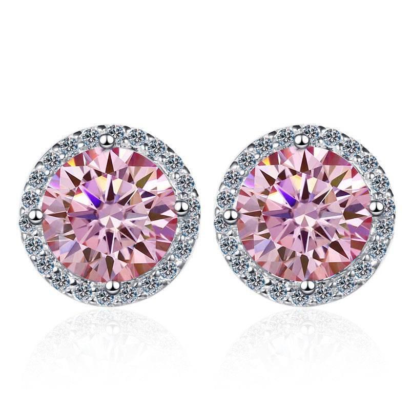 S925 Sakura Pink Moissanite Halo Stud Earrings, Sterling Silver D-Grade VVS Round-Cut Certificated Moissanite Jewelry for Men & Women, Simple & Stylish Gift for Wedding, Birthday, Anniversary