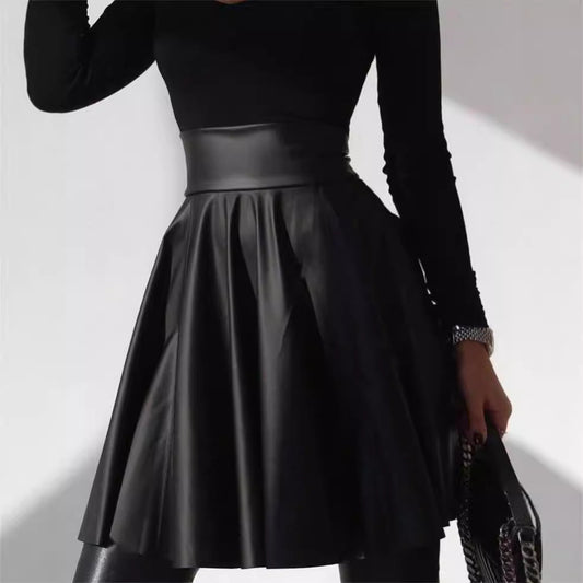 Leather Jacket Women Clothing Autumn Winter High Waist Big Swing Faux Leather Skirt Umbrella Skirt