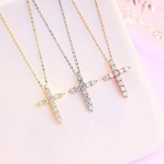 S925 Moissanite Cross Necklace, 3 Color Options, 11 Stones 0.1-0.5ct VVS, Dainty Luxe Clavicle Pendant, Sterling Silver Jewelry