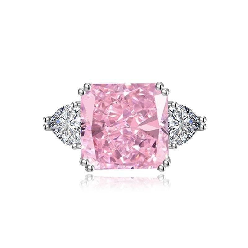 Multicolor Ice Flower Cut Square CZ Adjustable Ring, 12*12mm 8A Main Cubic Zirconia, Two Heart Side CZ, Dainty Luxe