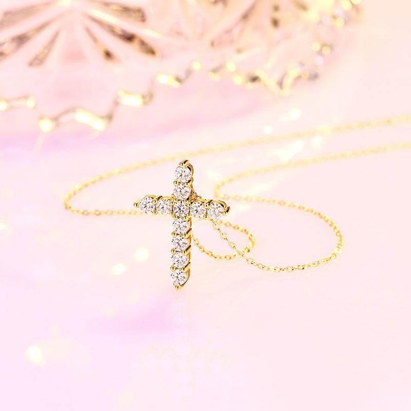 S925 Moissanite Cross Necklace, 3 Color Options, 11 Stones 0.1-0.5ct VVS, Dainty Luxe Clavicle Pendant, Sterling Silver Jewelry