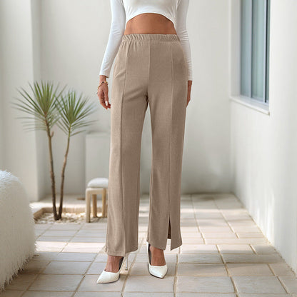 Autumn Office Casual Simple Loose High Waist Slit Solid Color Straight Leg Pants Women