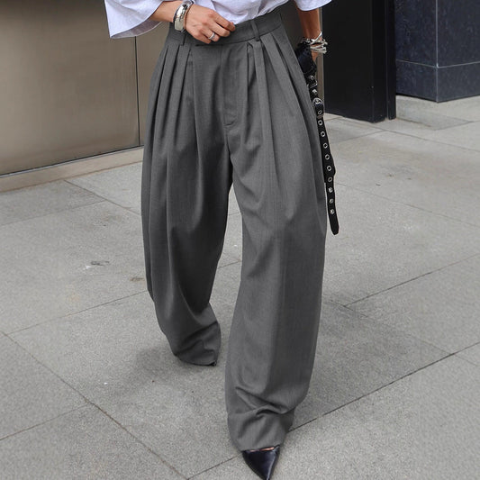 French Office Pleated Gray Work Pant Women Autumn Casual Loose All Matching Wide Leg Trousers