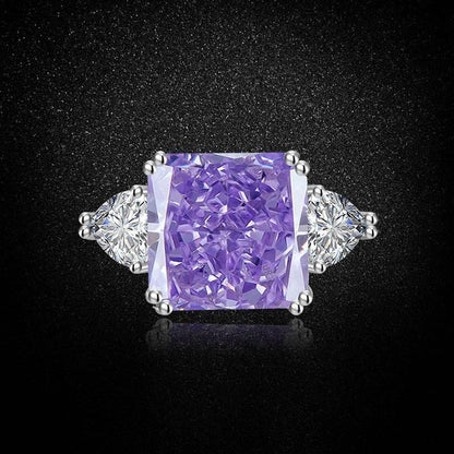 Multicolor Ice Flower Cut Square CZ Adjustable Ring, 12*12mm 8A Main Cubic Zirconia, Two Heart Side CZ, Dainty Luxe