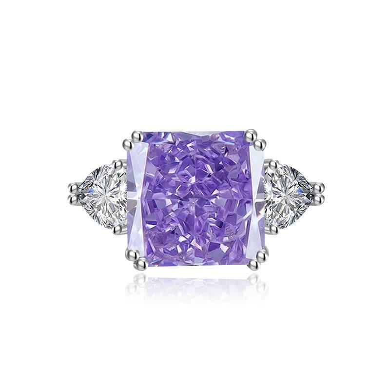 Multicolor Ice Flower Cut Square CZ Adjustable Ring, 12*12mm 8A Main Cubic Zirconia, Two Heart Side CZ, Dainty Luxe