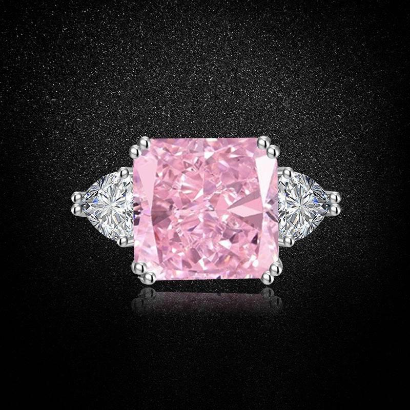 Multicolor Ice Flower Cut Square CZ Adjustable Ring, 12*12mm 8A Main Cubic Zirconia, Two Heart Side CZ, Dainty Luxe