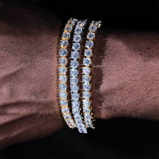 Hip Hop Iced Out Tennis Chain Bracelet, 18K Gold & White Gold Plated, 3–6mm CZ Iced Out Bling Jewelry