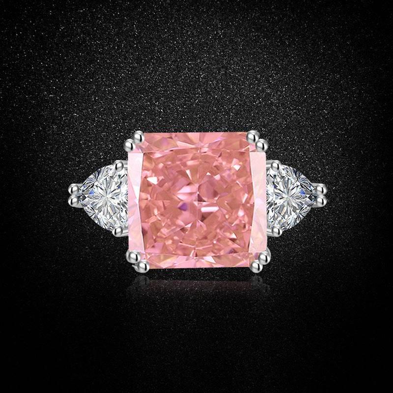 Multicolor Ice Flower Cut Square CZ Adjustable Ring, 12*12mm 8A Main Cubic Zirconia, Two Heart Side CZ, Dainty Luxe