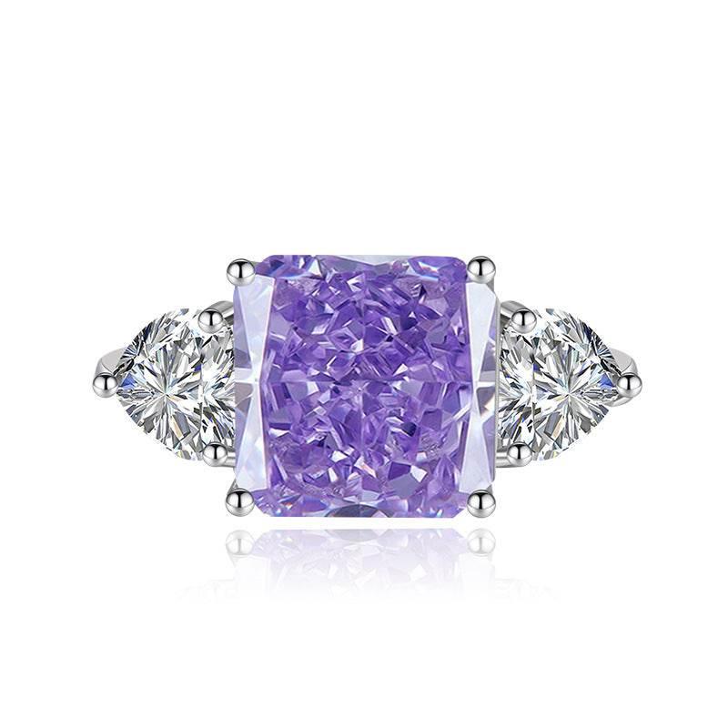 Multicolor Ice Flower Cut Square CZ Adjustable Ring, 10*10mm 8A Main Cubic Zirconia, Two Heart Side CZ, Dainty Luxe