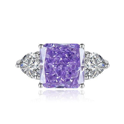 Multicolor Ice Flower Cut Square CZ Adjustable Ring, 10*10mm 8A Main Cubic Zirconia, Two Heart Side CZ, Dainty Luxe