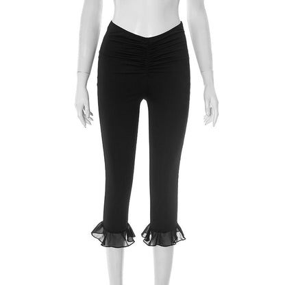 Women Clothing Spring Summer Ruffled Pleated V Waist Solid Color Sheath Stretch Cropped Casual Pants