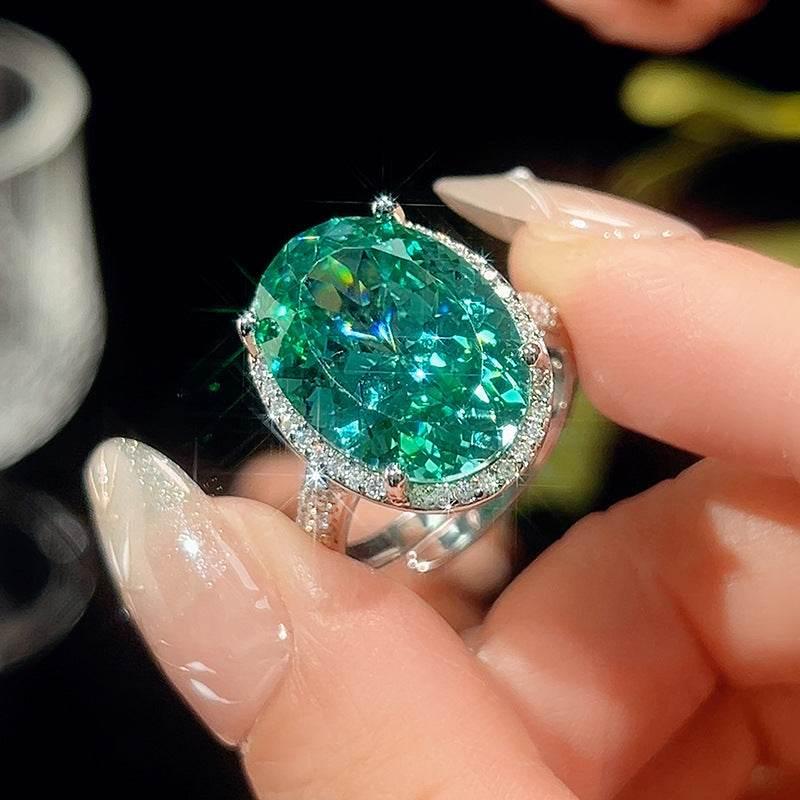 Nest Cut Para Green Oval CZ Halo Jewelry Set, 5A Cubic Zirconia, White Gold Necklace, Earrings, Adjustable Ring, Dainty Luxe