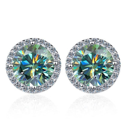 S925 Emerald Green Moissanite Halo Stud Earrings, Sterling Silver VVS D-Grade Round-Cut Certificated Moissanite Jewelry for Men & Women, Simple & Stylish Gift for Wedding, Birthday, Anniversary