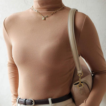 Women Clothing Autumn Winter Simple Solid Color Upper Clothes Long Sleeves T shirt Half Turtleneck Bottoming Shirt