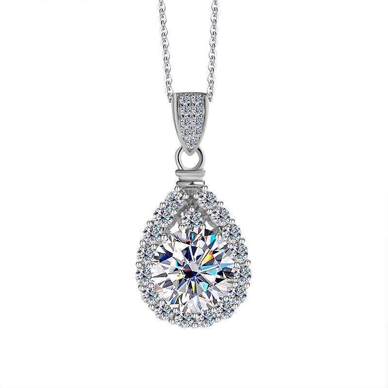 S925 Moissanite Teardrop Halo Pendant Necklace with Pavé Top Frame, 1-5ct VVS1 D-Grade Certified, Sterling Silver Pear Shape Pendant for Her