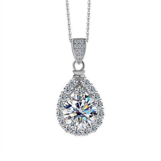 S925 Moissanite Teardrop Halo Pendant Necklace with Pavé Top Frame, 1-5ct VVS1 D-Grade Certified, Sterling Silver Pear Shape Pendant for Her