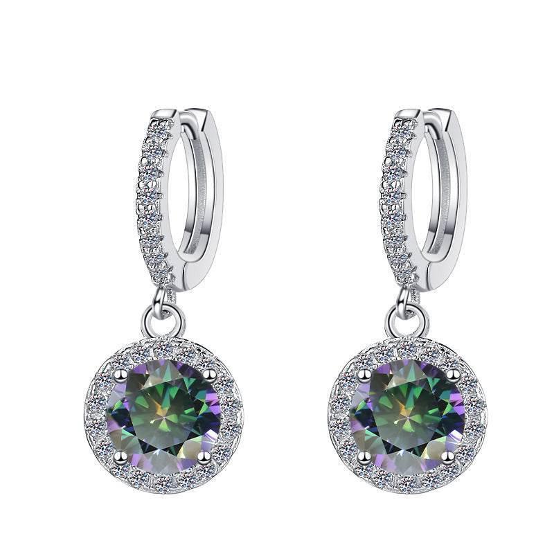 S925 Rainbow Green Moissanite/CZ Round Halo Drop Earrings, 1ct D-Grade VVS Certificate, Hypoallergenic Sterling Silver Gift