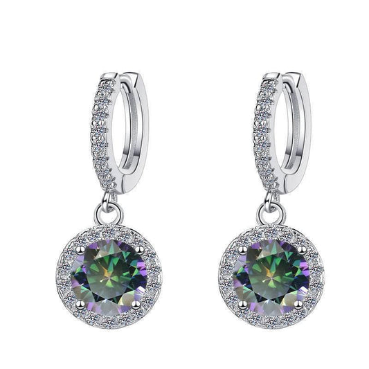 S925 Rainbow Green Moissanite/CZ Round Halo Drop Earrings, 1ct D-Grade VVS Certificate, Hypoallergenic Sterling Silver Gift