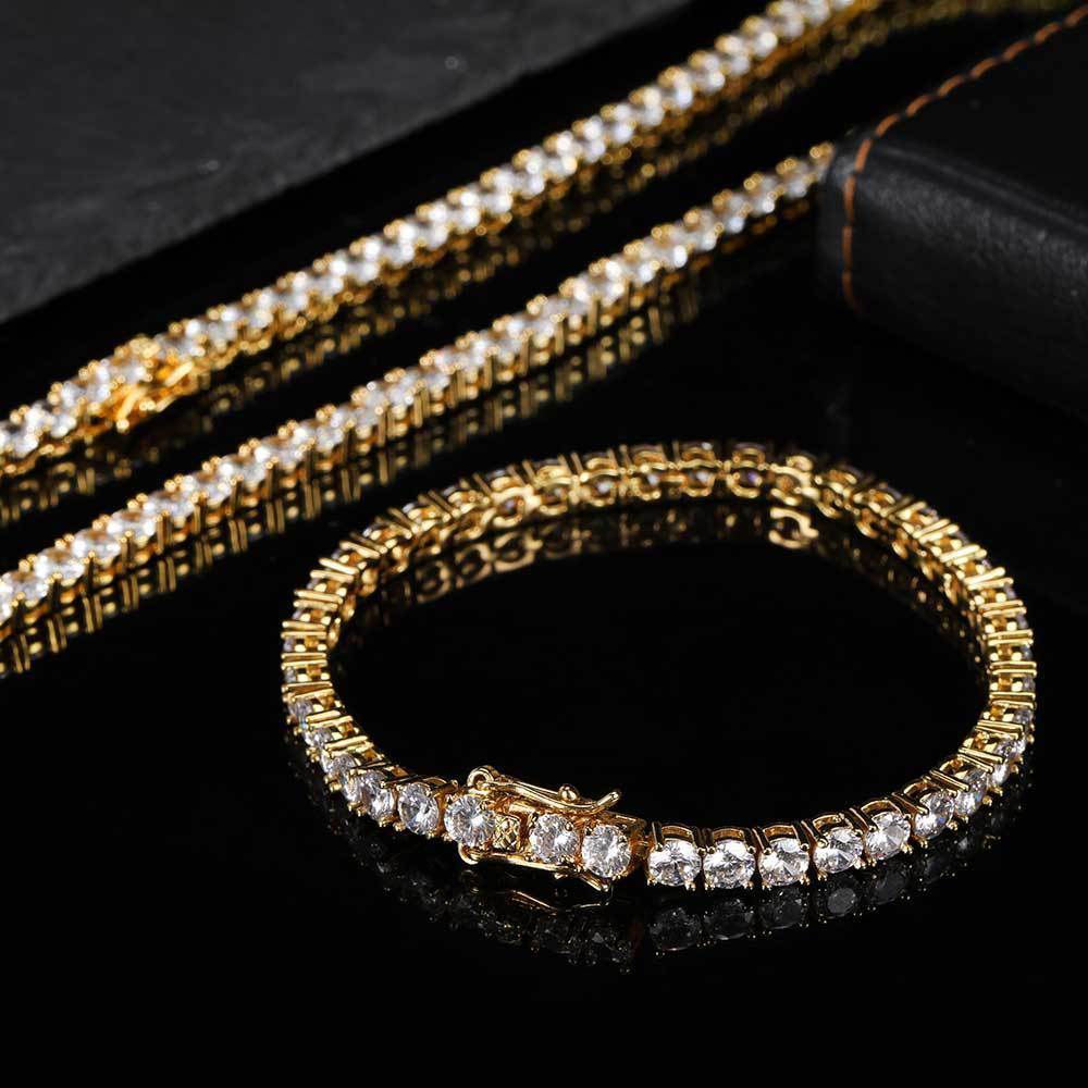 Hip Hop Iced Out Tennis Chain Bracelet, 18K Gold & White Gold Plated, 3–6mm CZ Iced Out Bling Jewelry