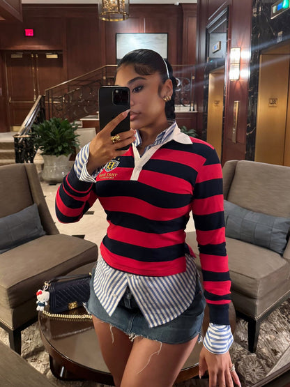 Retro Trend Loose Casual Striped Contrast Color Lapels Polo Shirt Top Sweater Women