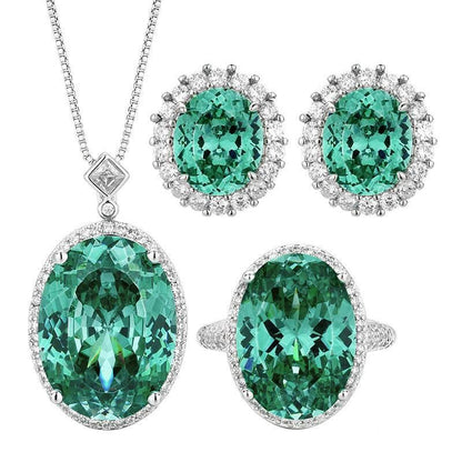 Nest Cut Para Green Oval CZ Halo Jewelry Set, 5A Cubic Zirconia, White Gold Necklace, Earrings, Adjustable Ring, Dainty Luxe