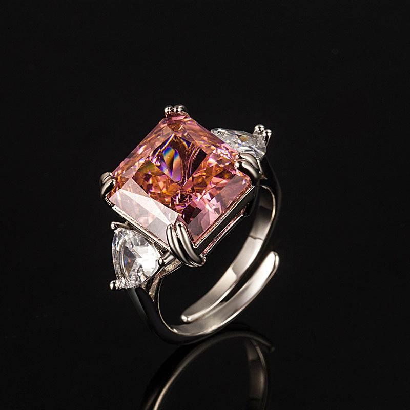 Multicolor Ice Flower Cut Square CZ Adjustable Ring, 12*12mm 8A Main Cubic Zirconia, Two Heart Side CZ, Dainty Luxe