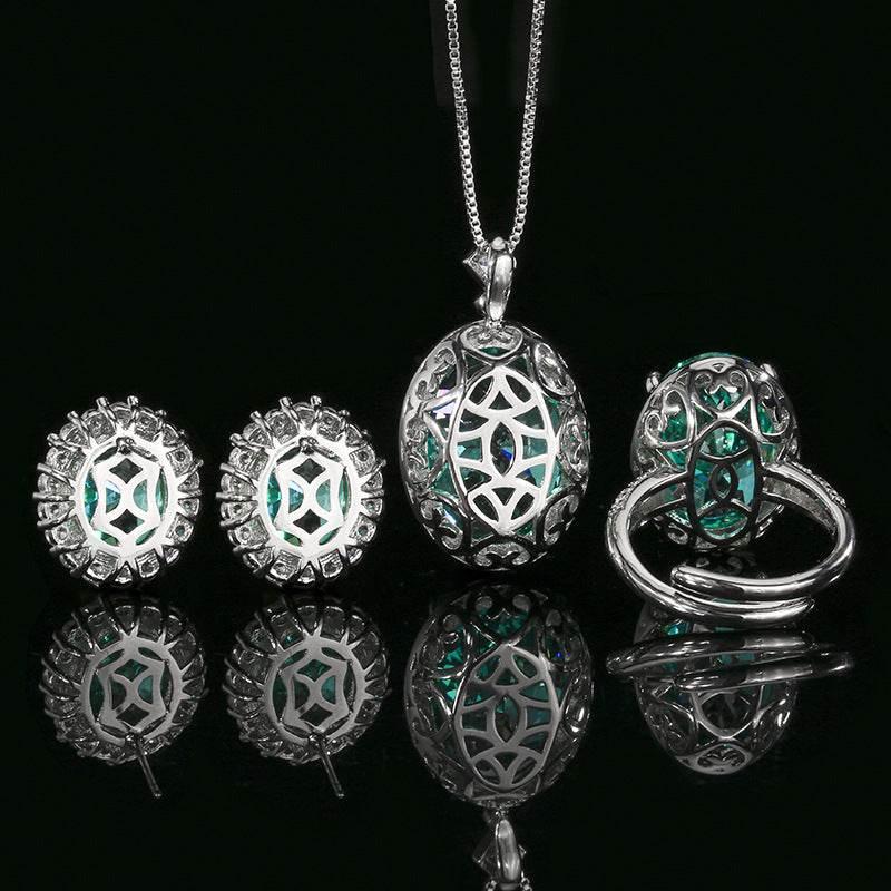 Nest Cut Para Green Oval CZ Halo Jewelry Set, 5A Cubic Zirconia, White Gold Necklace, Earrings, Adjustable Ring, Dainty Luxe