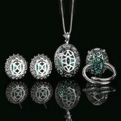 Nest Cut Para Green Oval CZ Halo Jewelry Set, 5A Cubic Zirconia, White Gold Necklace, Earrings, Adjustable Ring, Dainty Luxe