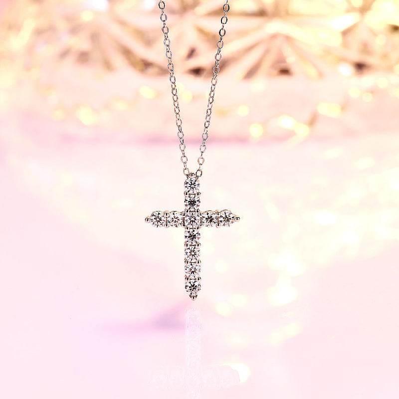 S925 Moissanite Cross Necklace, 3 Color Options, 11 Stones 0.1-0.5ct VVS, Dainty Luxe Clavicle Pendant, Sterling Silver Jewelry