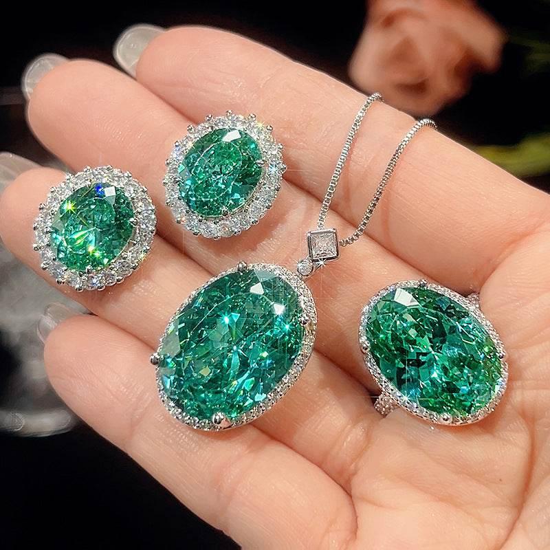 Nest Cut Para Green Oval CZ Halo Jewelry Set, 5A Cubic Zirconia, White Gold Necklace, Earrings, Adjustable Ring, Dainty Luxe
