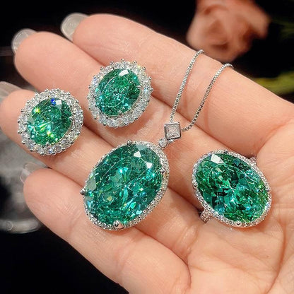 Nest Cut Para Green Oval CZ Halo Jewelry Set, 5A Cubic Zirconia, White Gold Necklace, Earrings, Adjustable Ring, Dainty Luxe