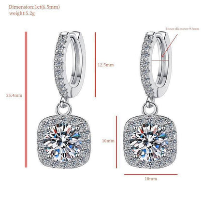 S925 Rainbow Green Moissanite Square Halo Earrings with Pavé-Set Halo & Hoop, 1ct D-Grade VVS1 Round Moissanite with GAR certification, Sterling Silver Earrings