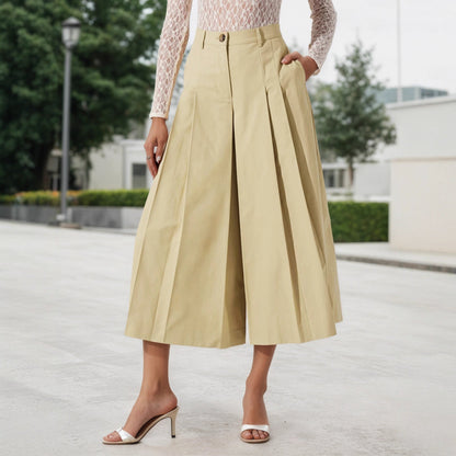 Women Pantskirt High Waist Casual Slimming Pleated Design Wild Wide Leg Pants