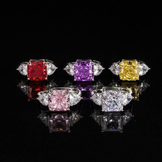 Multicolor Ice Flower Cut Square CZ Adjustable Ring, 10*10mm 8A Main Cubic Zirconia, Two Heart Side CZ, Dainty Luxe